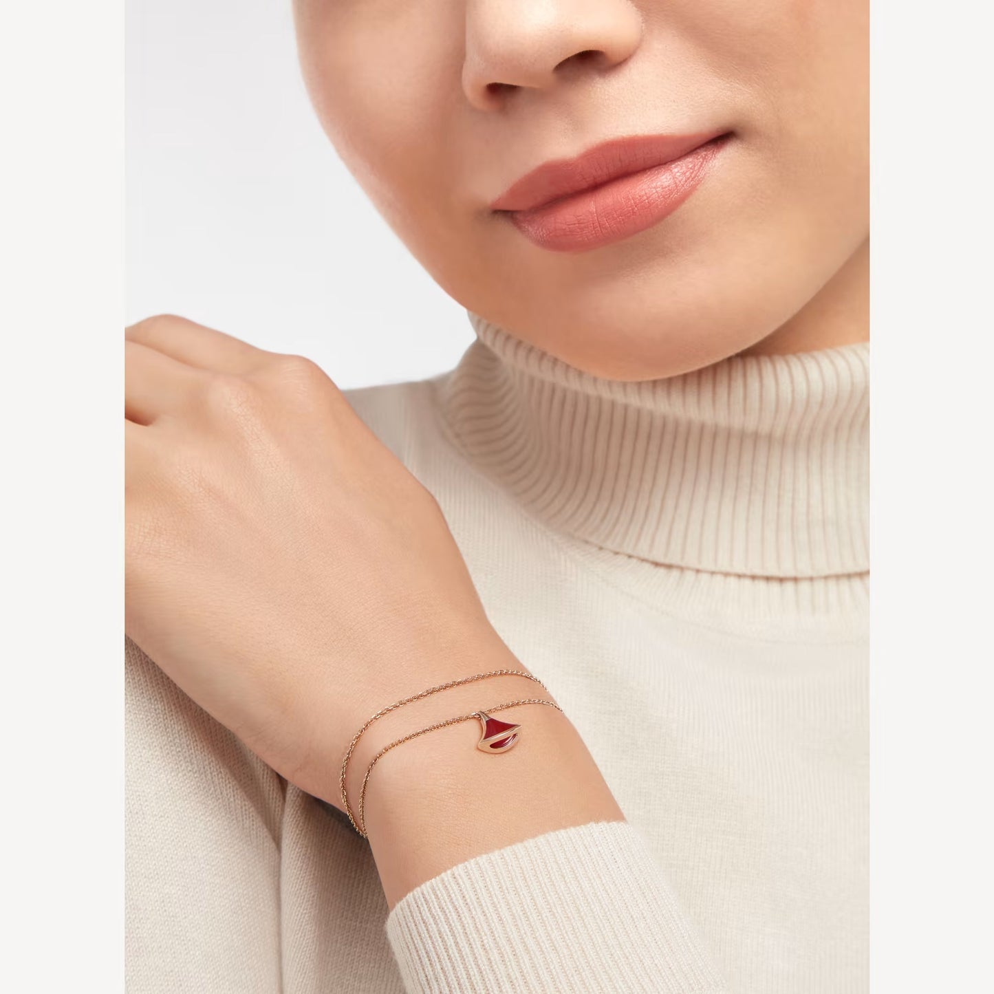 Divas' Dream Double Chain Bracelet - 925 Sterling Silver, 18K Rose Gold Plated with Red Agate