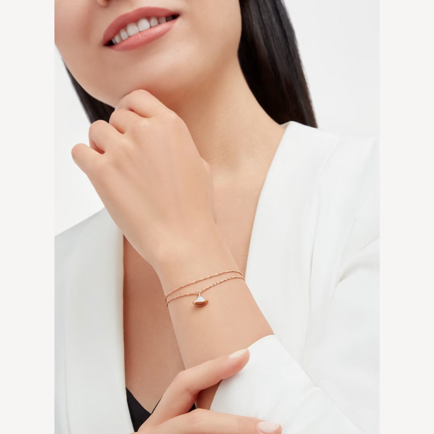 Divas' Dream Double Chain Bracelet 925 Sterling Silver, 18K Rose Gold Plated with Mother of Pearl