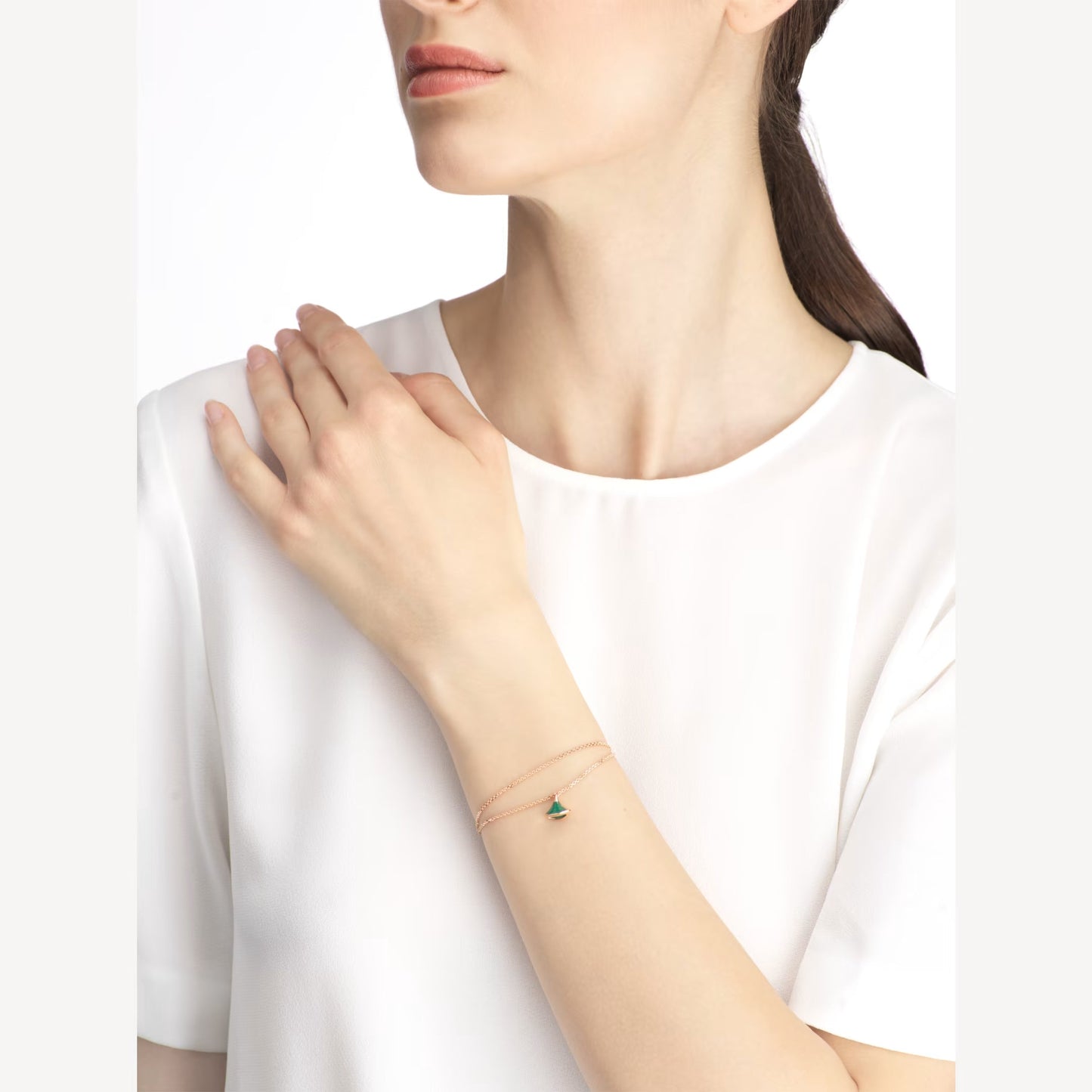 Divas' Dream Double Chain Bracelet - 925 Sterling Silver, 18K Rose Gold Plated with Green Agate