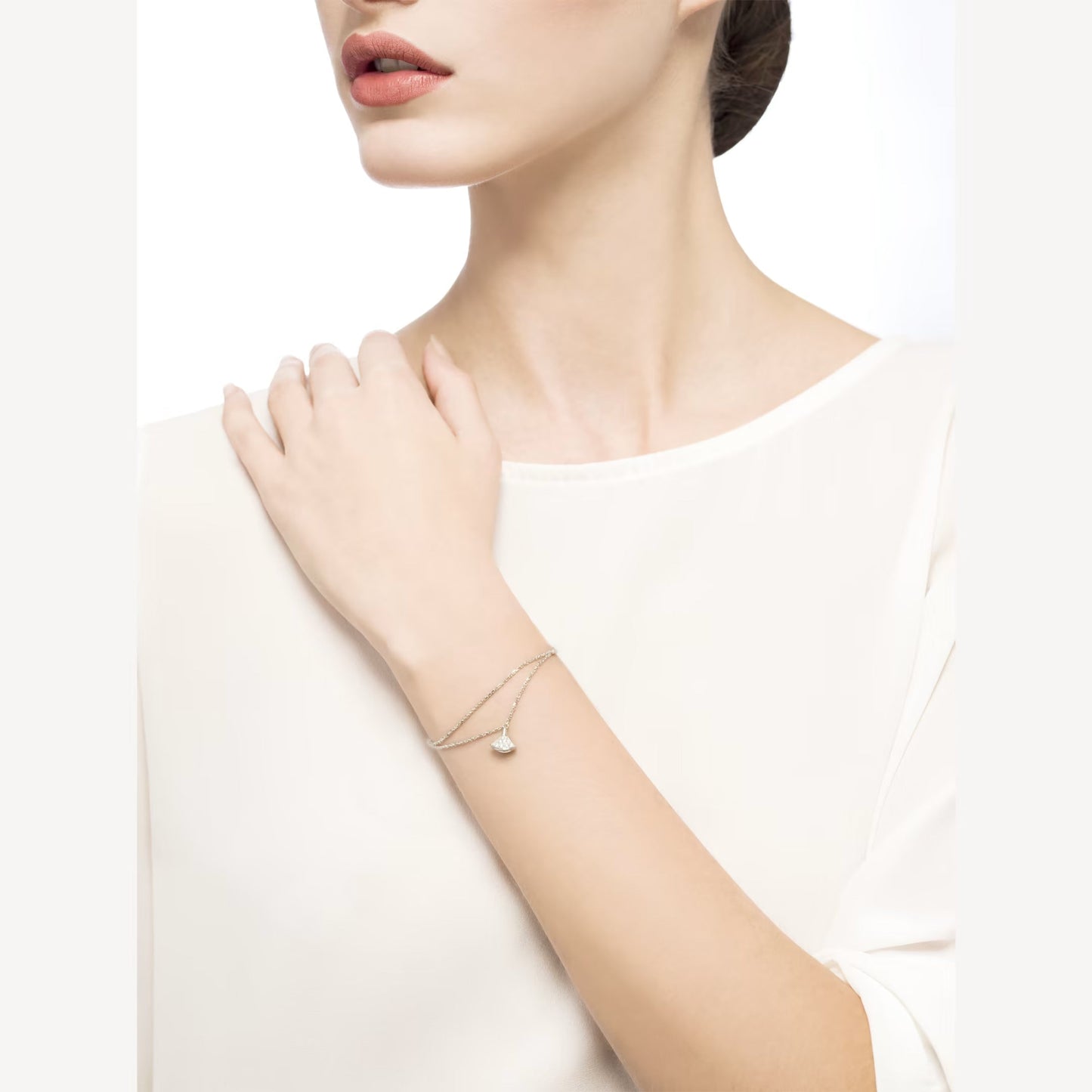 Divas' Dream Double Chain Bracelet - 925 Sterling Silver, 18K White Gold Plated with Paved Cubic Zirconia