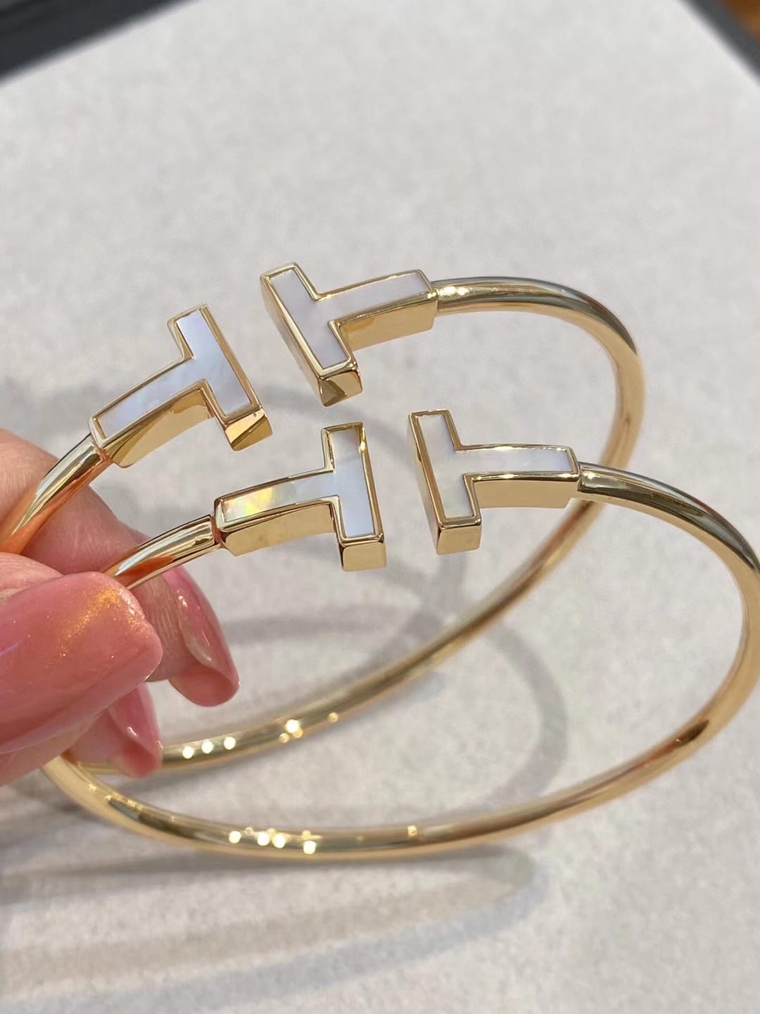 T Bangle, 18k Yellow Gold Plated, Mother of Pearl