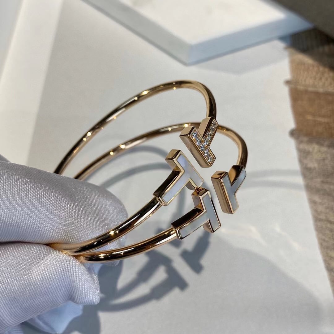 T Bangle, 18k Yellow Gold Plated, Mother of Pearl, Inlaid Cubic Zircon