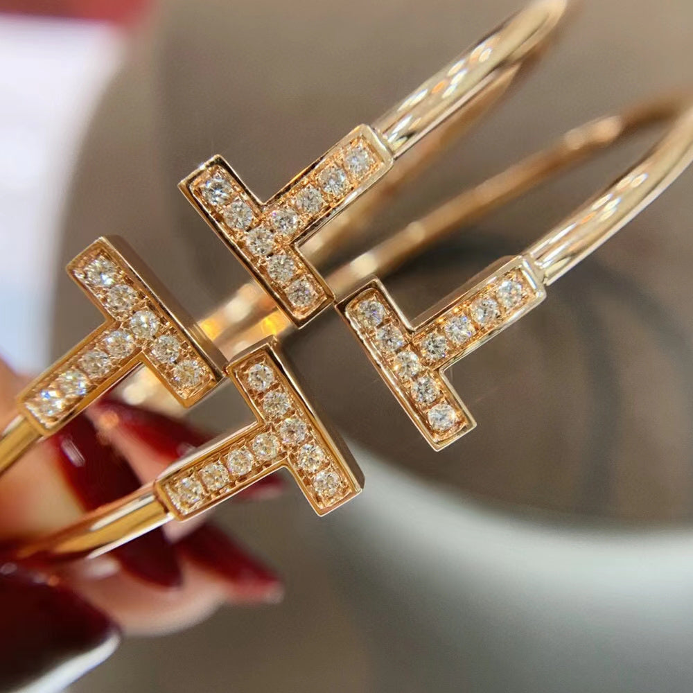 T Bangle, 18k Yellow Gold Plated, Inlaid cubic zircon