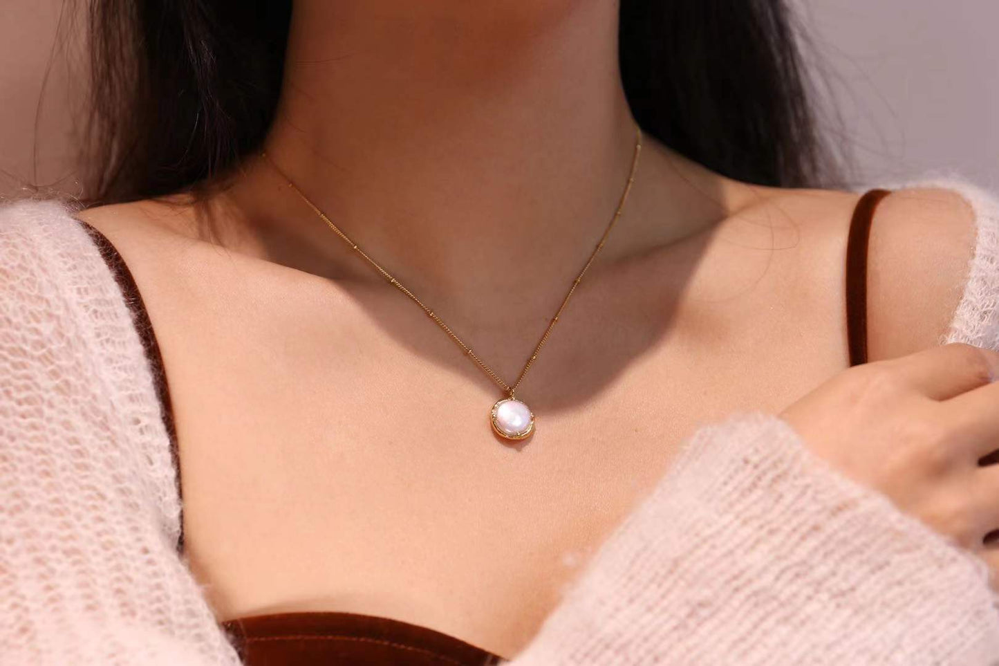 Mumtaz Jewellers Baroque Button Pearl Necklace, 925 Silver, 18k Gold Plated