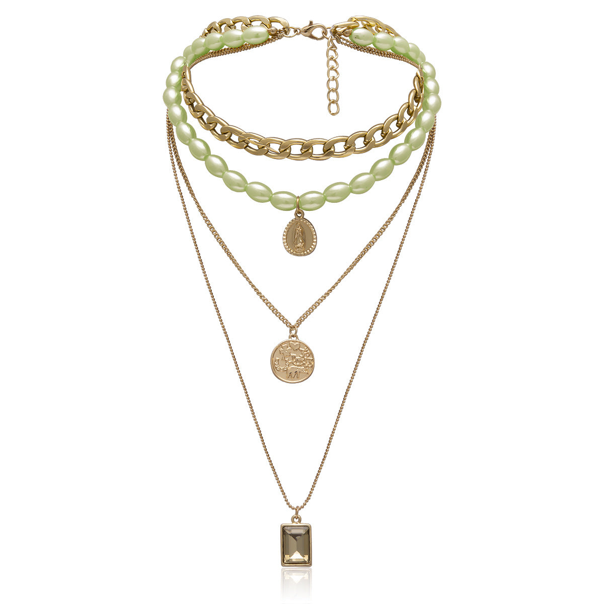 Mumtaz Jewellers 4-Layer Green Pearl & Coin Necklace