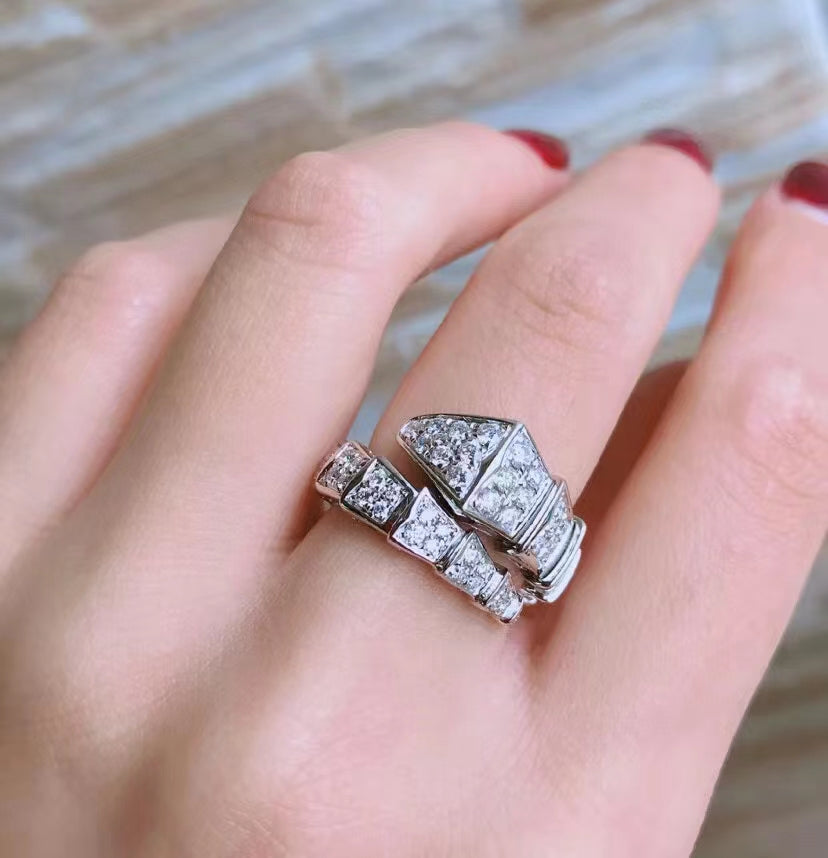 Serpenti Ring, V Gold, 18k White Gold Plated, Cubic Zircon Paved