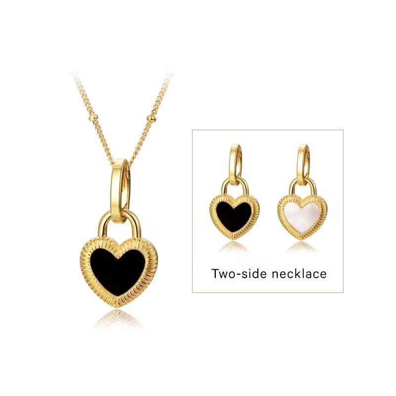Heart Reversible Pendant Necklace, 925 Silver, 18k Gold Plated Black Onyx And White Mother-Of-Pearl