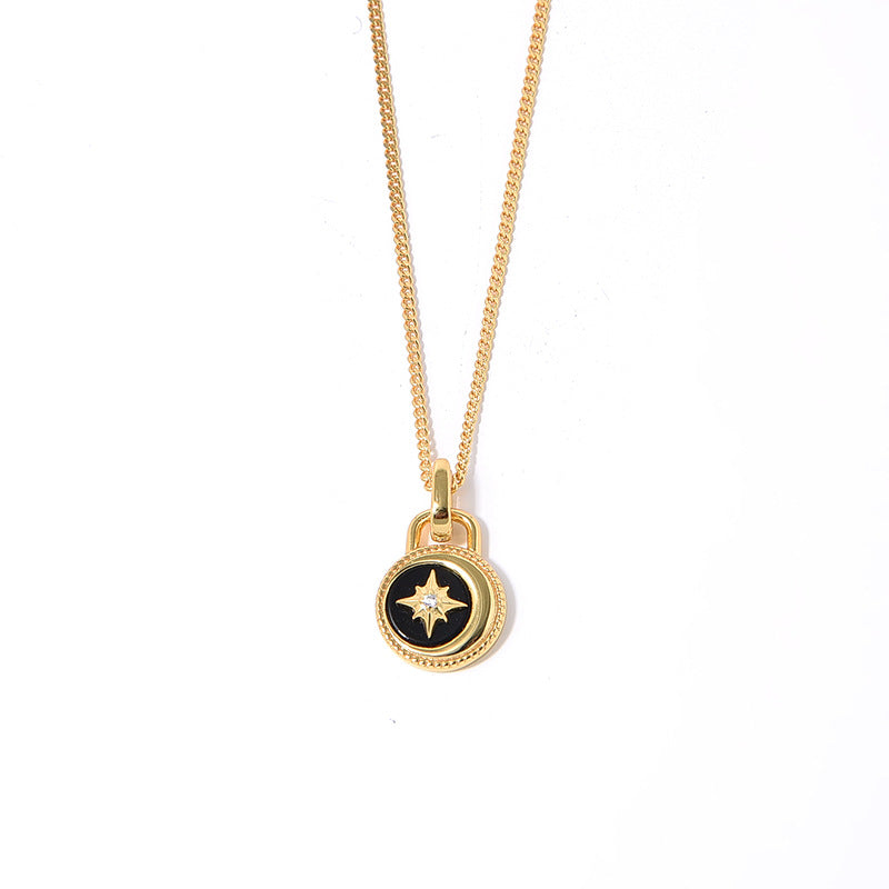 Mumtaz Jewellers Moon And Stars Necklace, 925 Silver, 18k Gold Plated Black Onyx