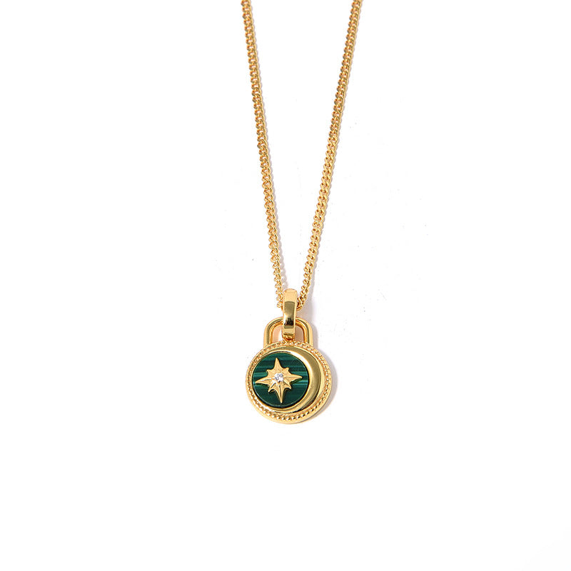Mumtaz Jewellers Moon And Stars Necklace，925 Silver, 18k Gold Plated Green Malachite