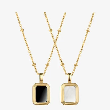 Square Reversible Pendant Necklace 925 Silver, 18K Gold Plated with Black Onyx and White Mother‑of‑Pearl