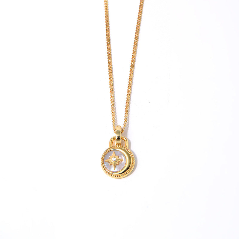 Mumtaz Jewellers Moon And Stars Necklace, 925 Silver, 18k Gold Plated White Mother-Of-Pearl
