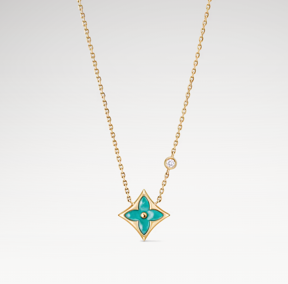 Color Blossom Star Necklace, 18k Yellow Gold Plated, Amazonite, And Zircon