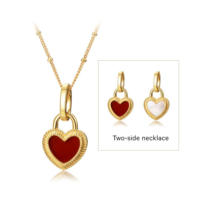 Heart Reversible Pendant Necklace, 925 Silver, 18k Gold Plated Red Onyx And White Mother-Of-Pearl