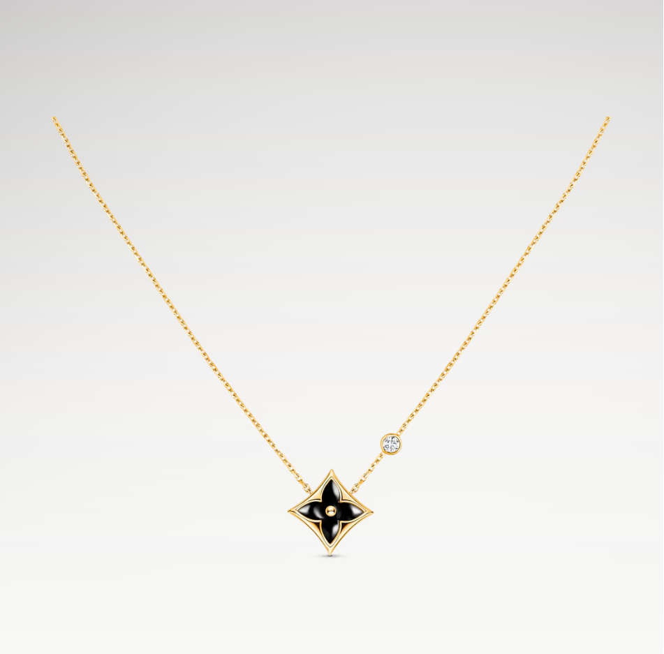 Color Blossom Star Pendant Necklace, 18k Gold Plated, Onyx And Zircon