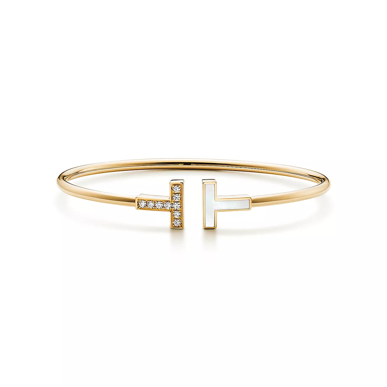 T Bangle, 18k Yellow Gold Plated, Mother of Pearl, Inlaid Cubic Zircon