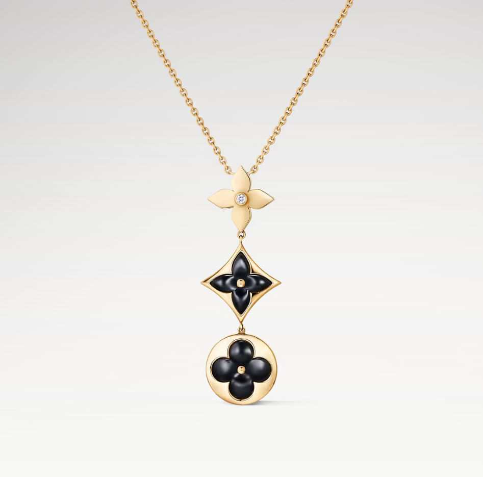 Color Blossom Lariat Necklace, 18k Gold Plated, Onyx And Zircon