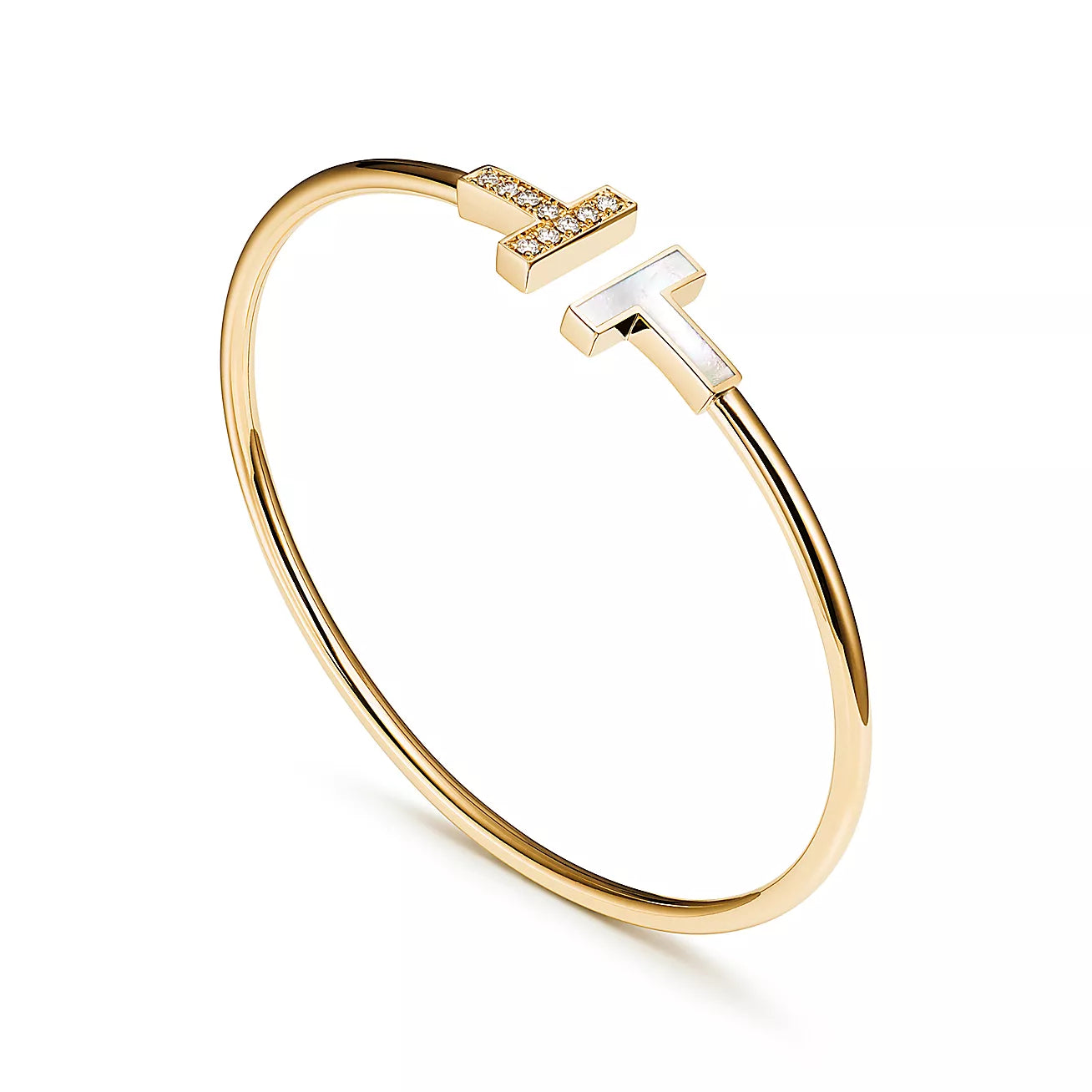 T Bangle, 18k Yellow Gold Plated, Mother of Pearl, Inlaid Cubic Zircon