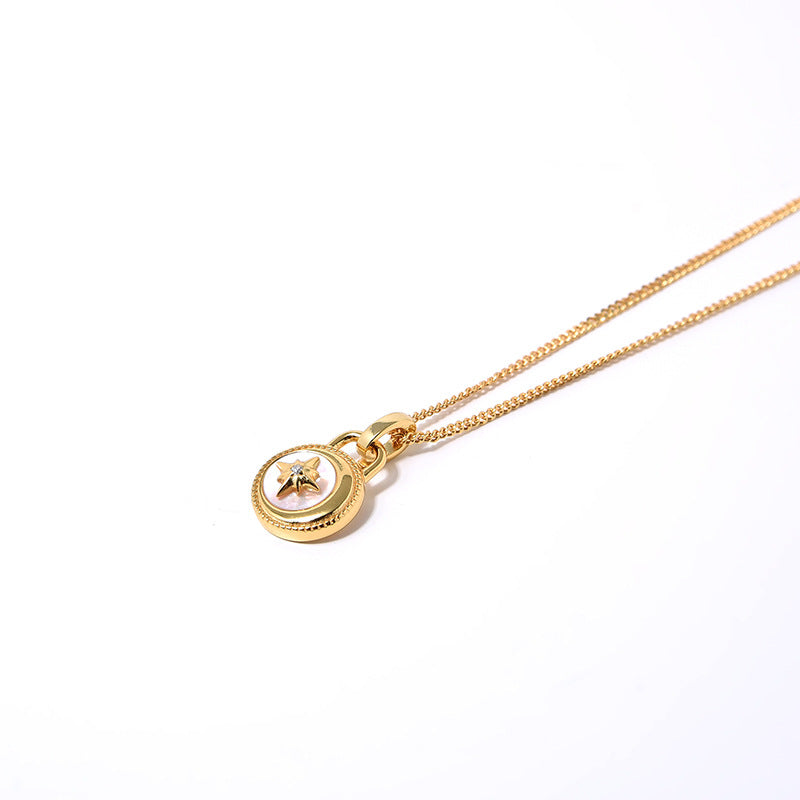 Mumtaz Jewellers Moon And Stars Necklace, 925 Silver, 18k Gold Plated White Mother-Of-Pearl