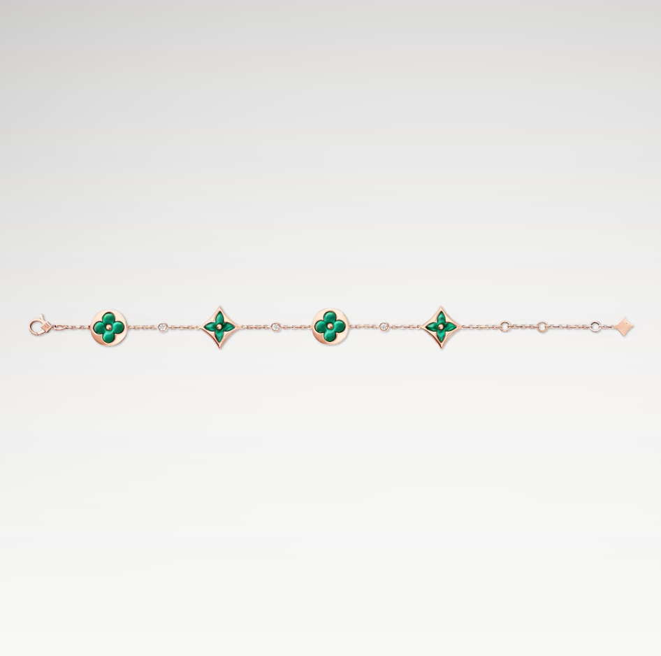 Color Blossom Multi-Pattern Bracelet, Plated With 18k Rose Gold, Malachite, And Zircon