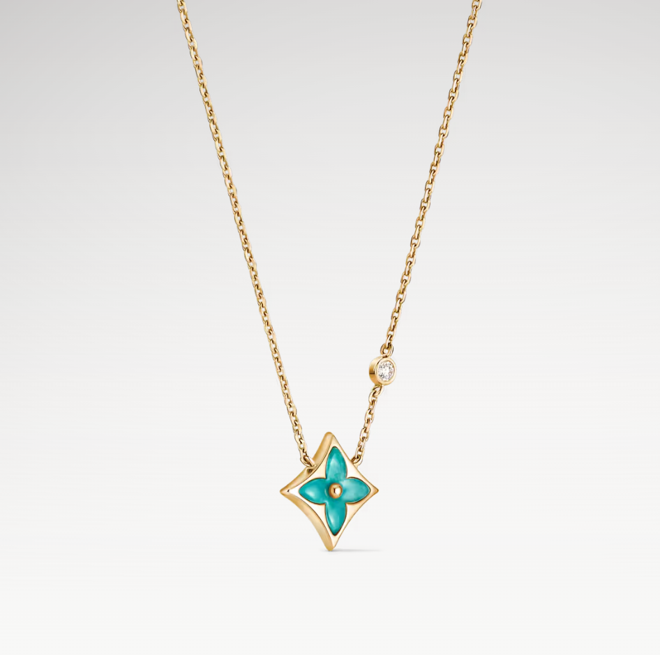 Color Blossom Star Necklace, 18k Yellow Gold Plated, Amazonite, And Zircon