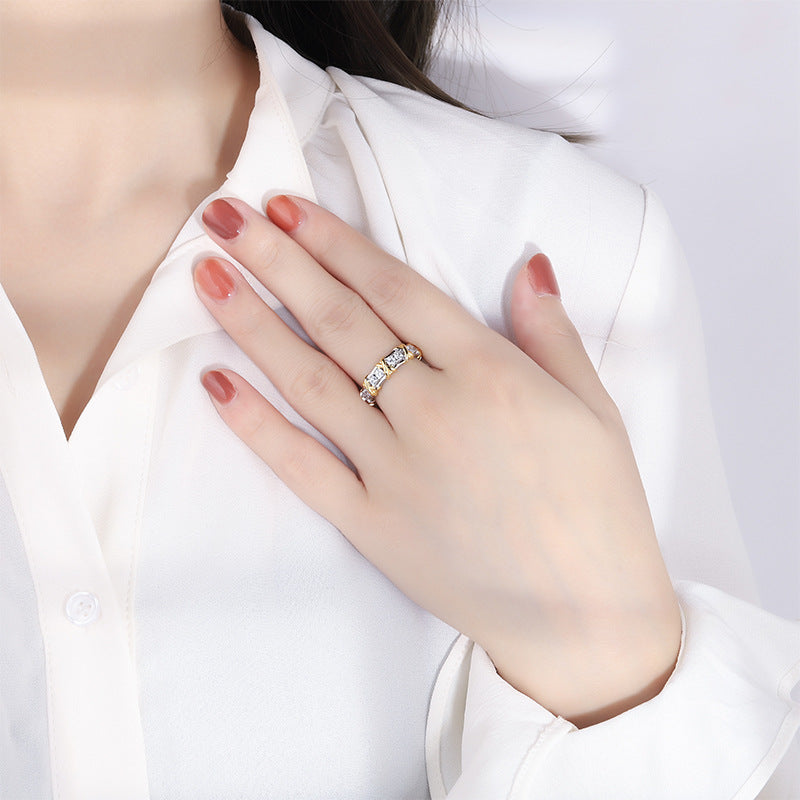 Geometric Shape Ring,925 Silver,Inlaid With Imitation Diamonds