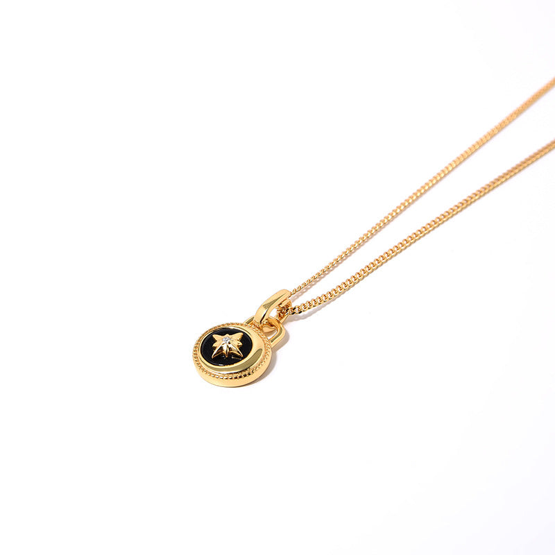 Mumtaz Jewellers Moon And Stars Necklace, 925 Silver, 18k Gold Plated Black Onyx