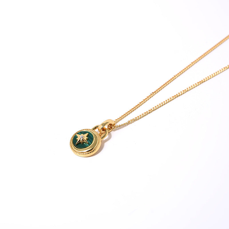 Mumtaz Jewellers Moon And Stars Necklace，925 Silver, 18k Gold Plated Green Malachite