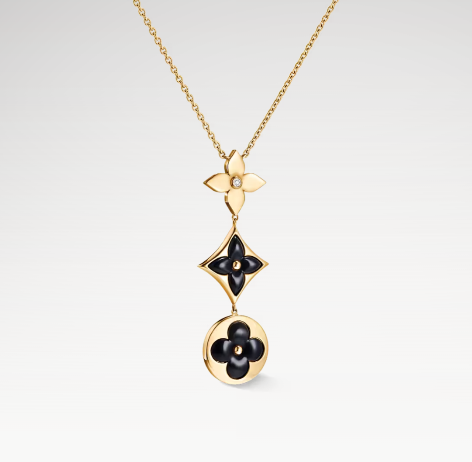 Color Blossom Lariat Necklace, 18k Gold Plated, Onyx And Zircon