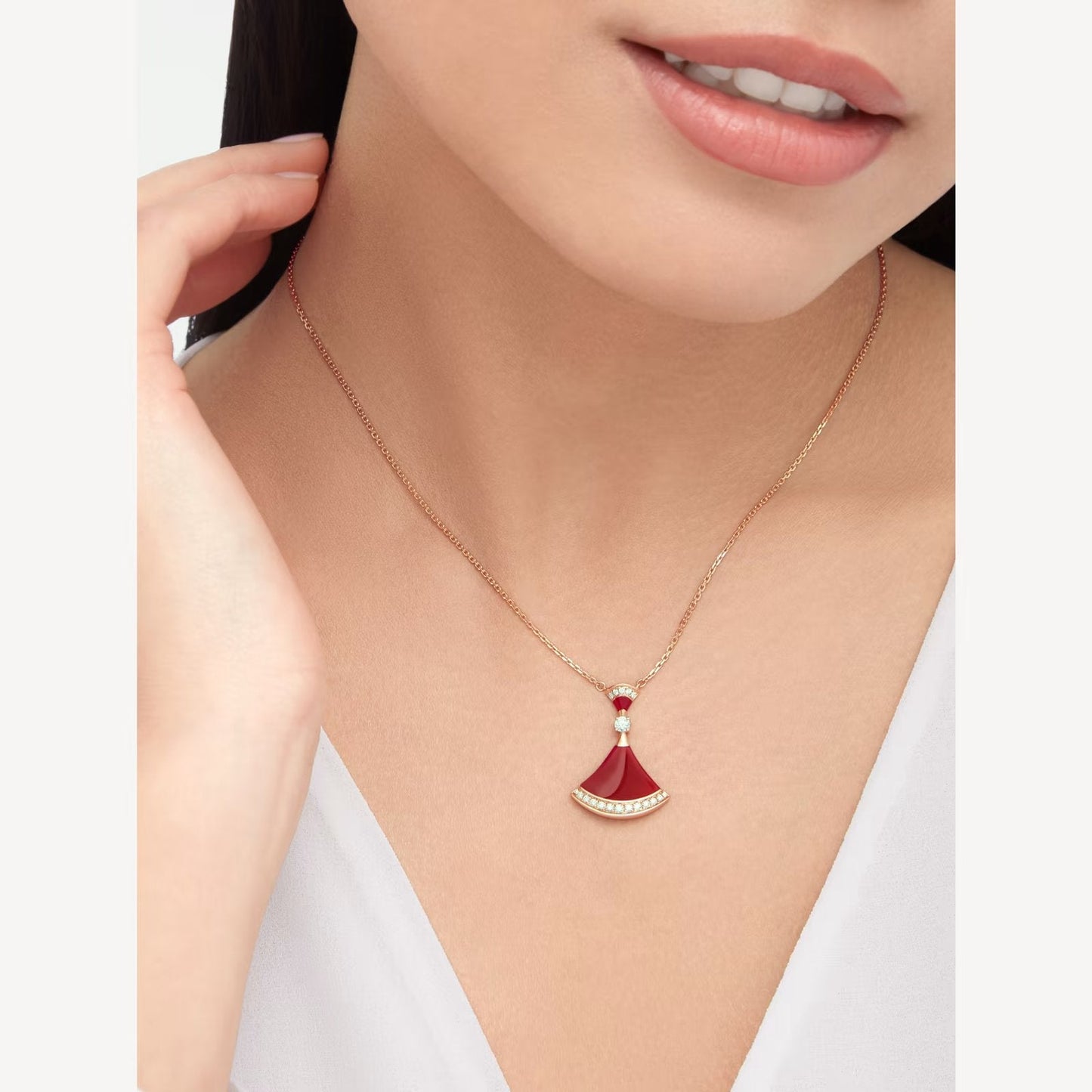 Rose Gold Red Agate Fan Pendant Necklace