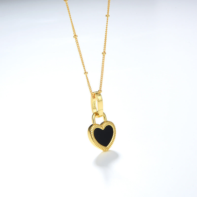 Heart Reversible Pendant Necklace, 925 Silver, 18k Gold Plated Black Onyx And White Mother-Of-Pearl
