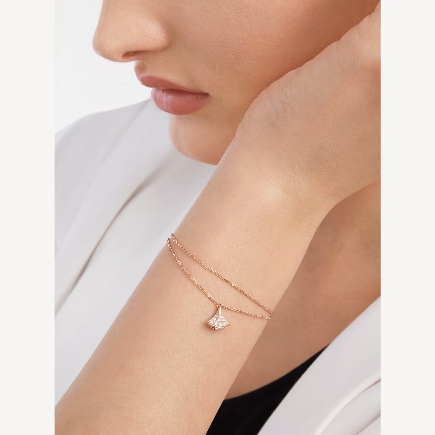 Divas' Dream Double Chain Bracelet - 925 Sterling Silver, 18K Rose Gold Plated with Paved Cubic Zirconia