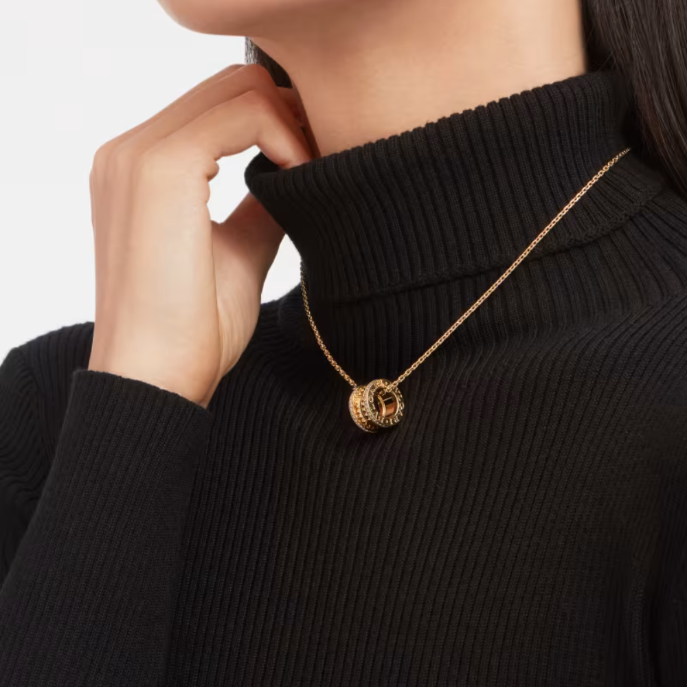 Mumtaz Jewellers B.zero1 Rock necklace with 18 kt gold plated pendant with studded spiral, pavé diamonds on the edges