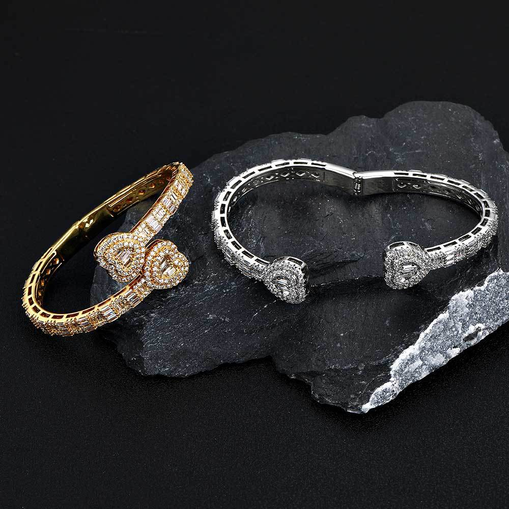 Heart Baguette Bangle, Gold Plated