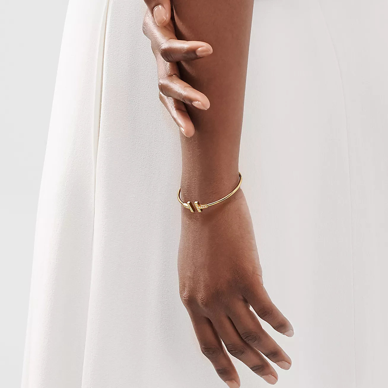 T Bangle, 18k Yellow Gold Plated, Inlaid cubic zircon