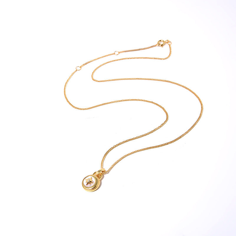 Mumtaz Jewellers Moon And Stars Necklace, 925 Silver, 18k Gold Plated White Mother-Of-Pearl