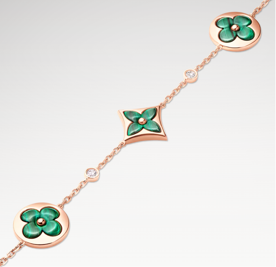 Color Blossom Multi-Pattern Bracelet, Plated With 18k Rose Gold, Malachite, And Zircon
