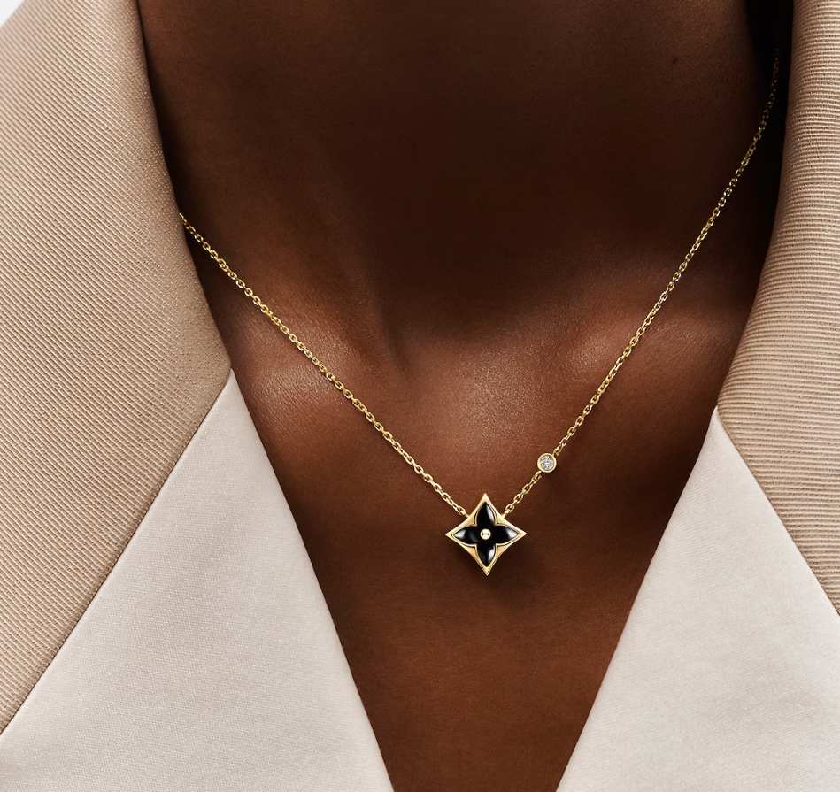 Color Blossom Star Pendant Necklace, 18k Gold Plated, Onyx And Zircon