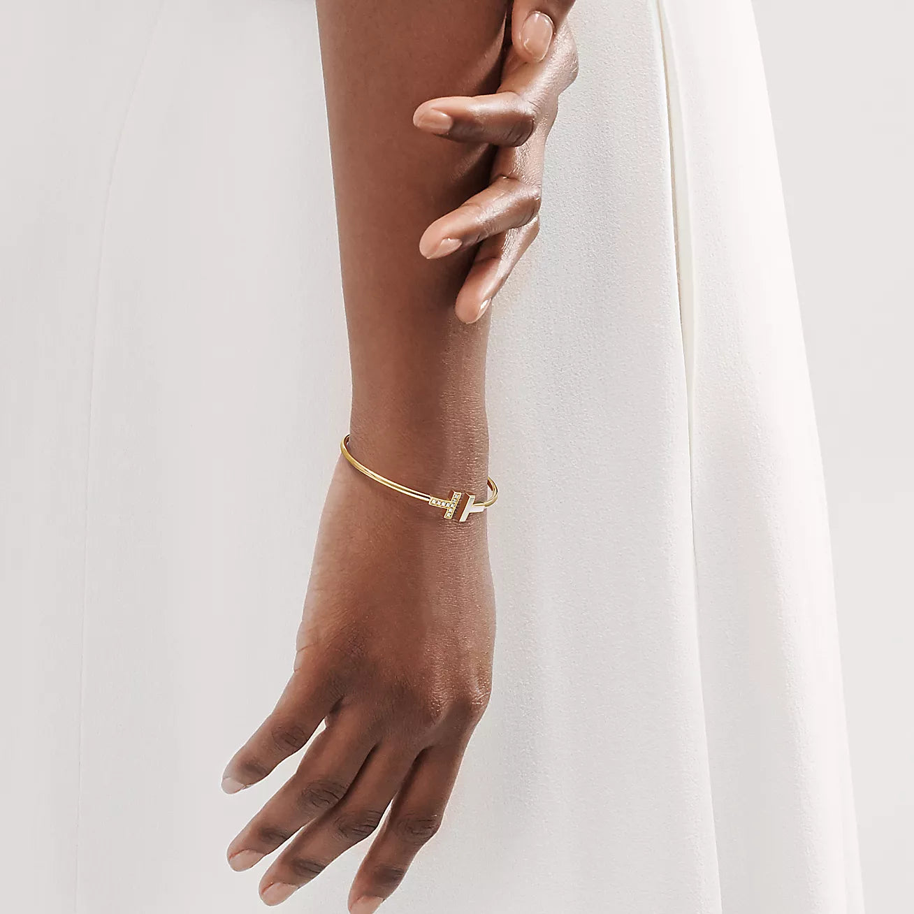 T Bangle, 18k Yellow Gold Plated, Mother of Pearl, Inlaid Cubic Zircon