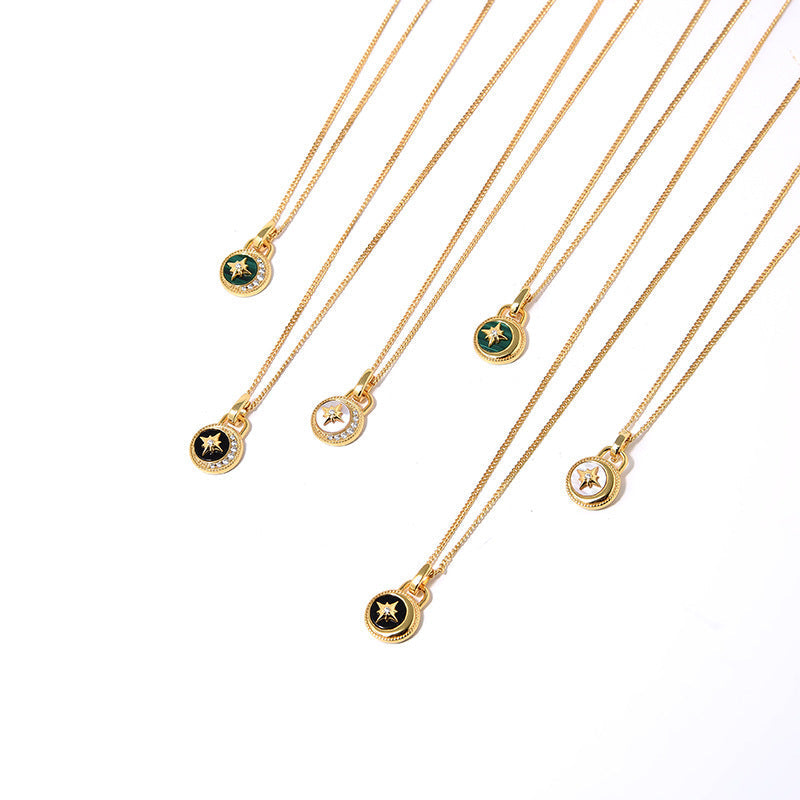 Mumtaz Jewellers Moon And Stars Necklace, 925 Silver, 18k Gold Plated Black Onyx
