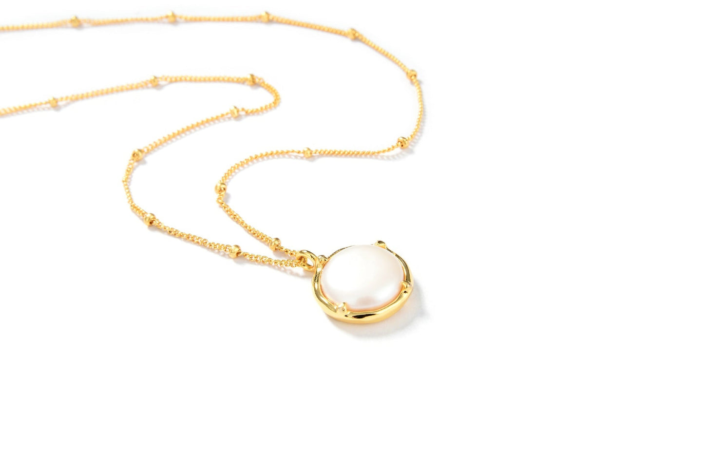 Mumtaz Jewellers Baroque Button Pearl Necklace, 925 Silver, 18k Gold Plated