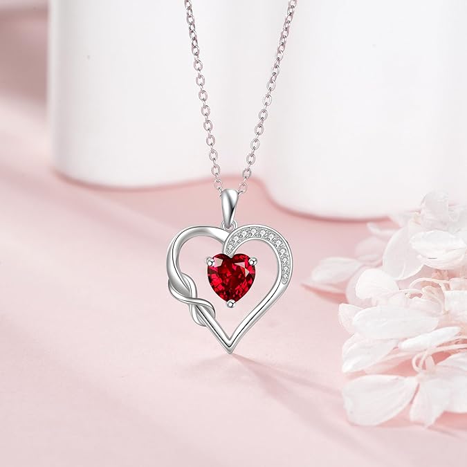 Sterling Silver Infinity Heart Necklace – Birthstone Pendant Gift for Her