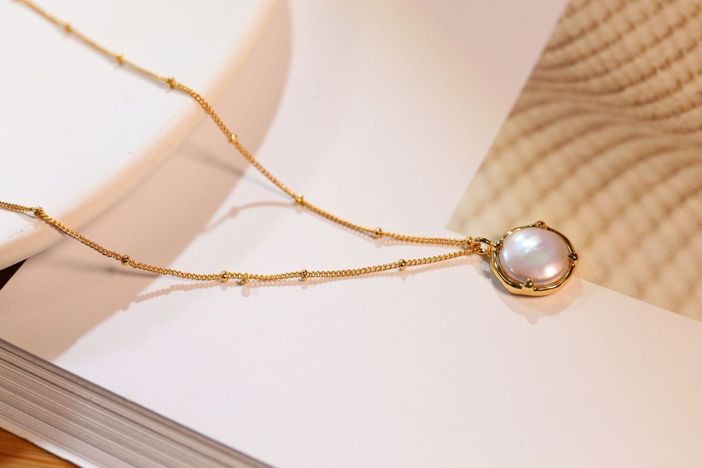 Mumtaz Jewellers Baroque Button Pearl Necklace, 925 Silver, 18k Gold Plated