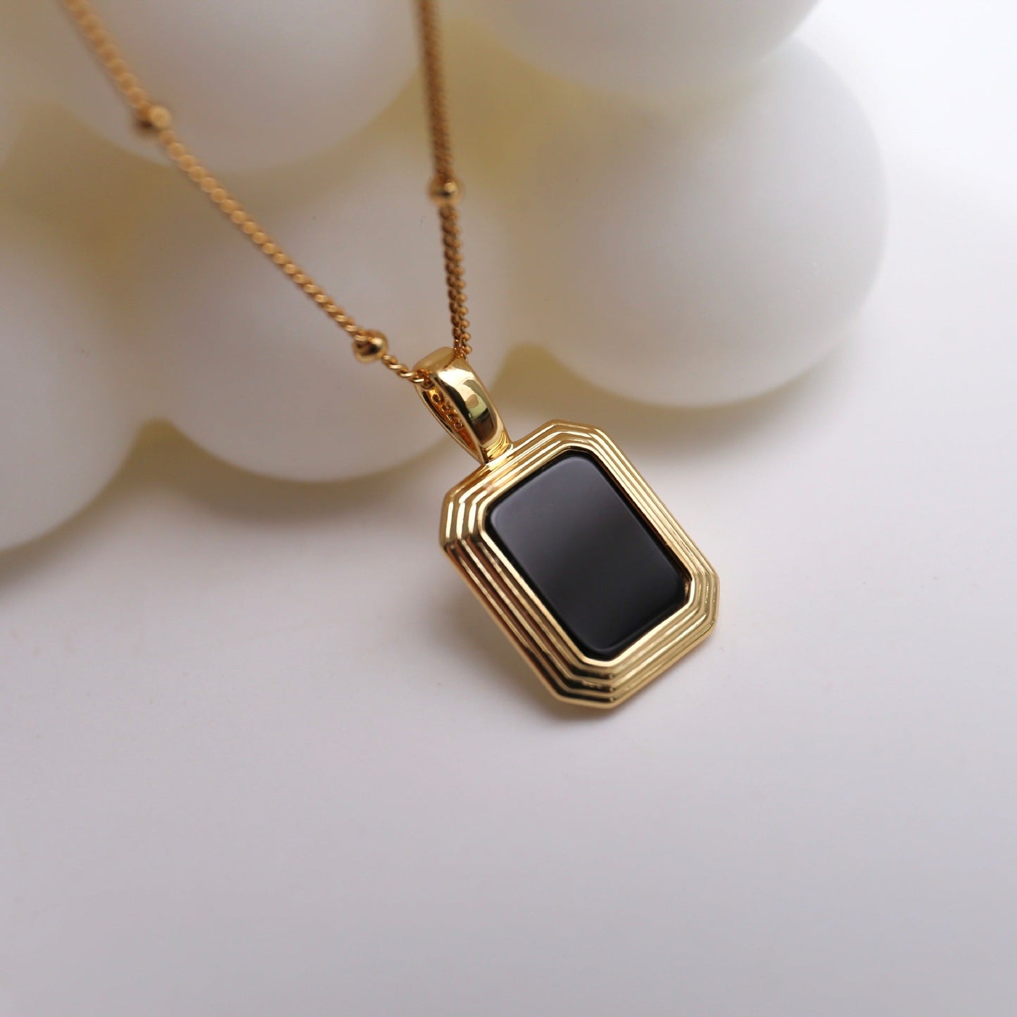 Square Reversible Pendant Necklace 925 Silver, 18K Gold Plated with Black Onyx and White Mother‑of‑Pearl