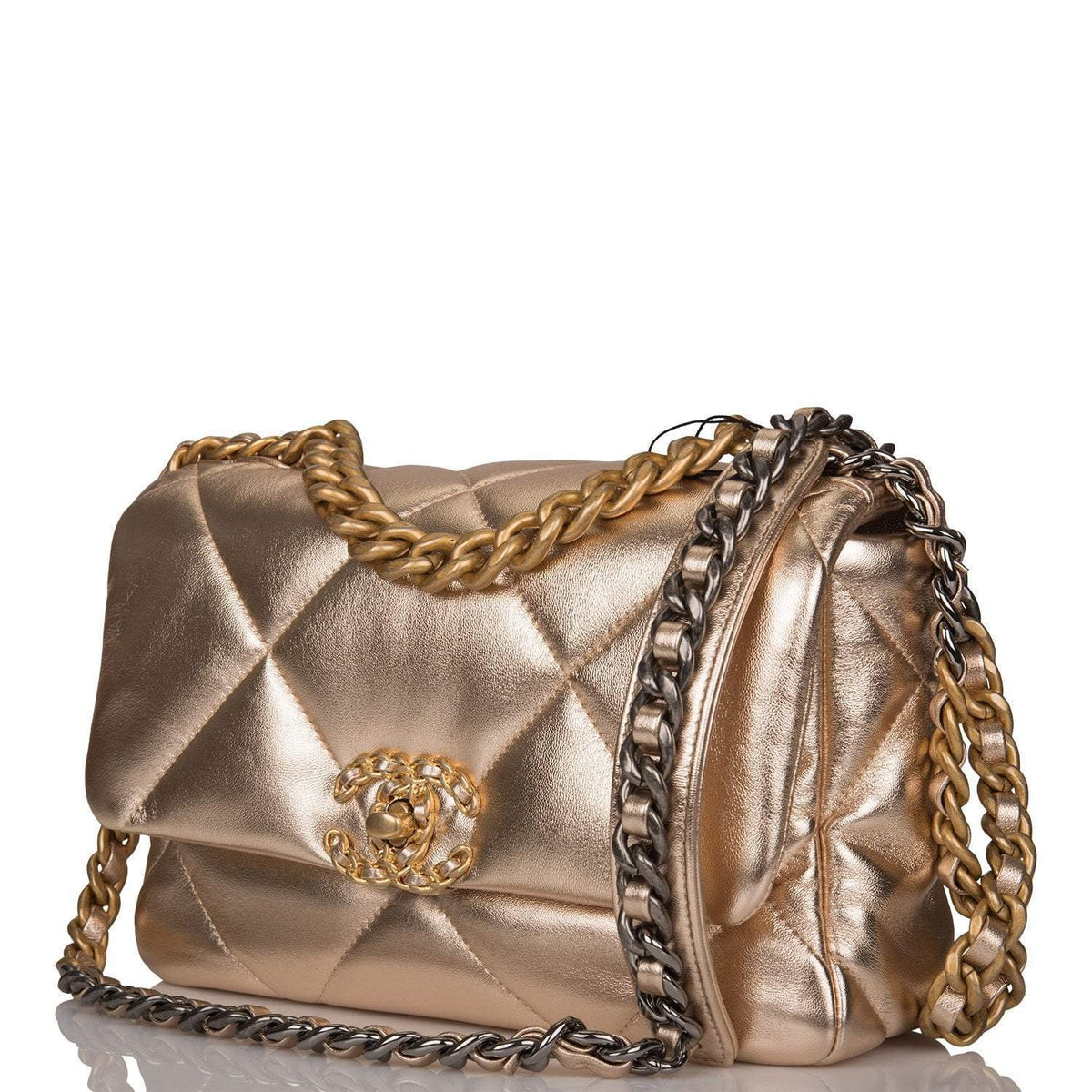 Chanel Gold Metallic Quilted Lambskin Medium 19 Flap Bag Mixed Hardware