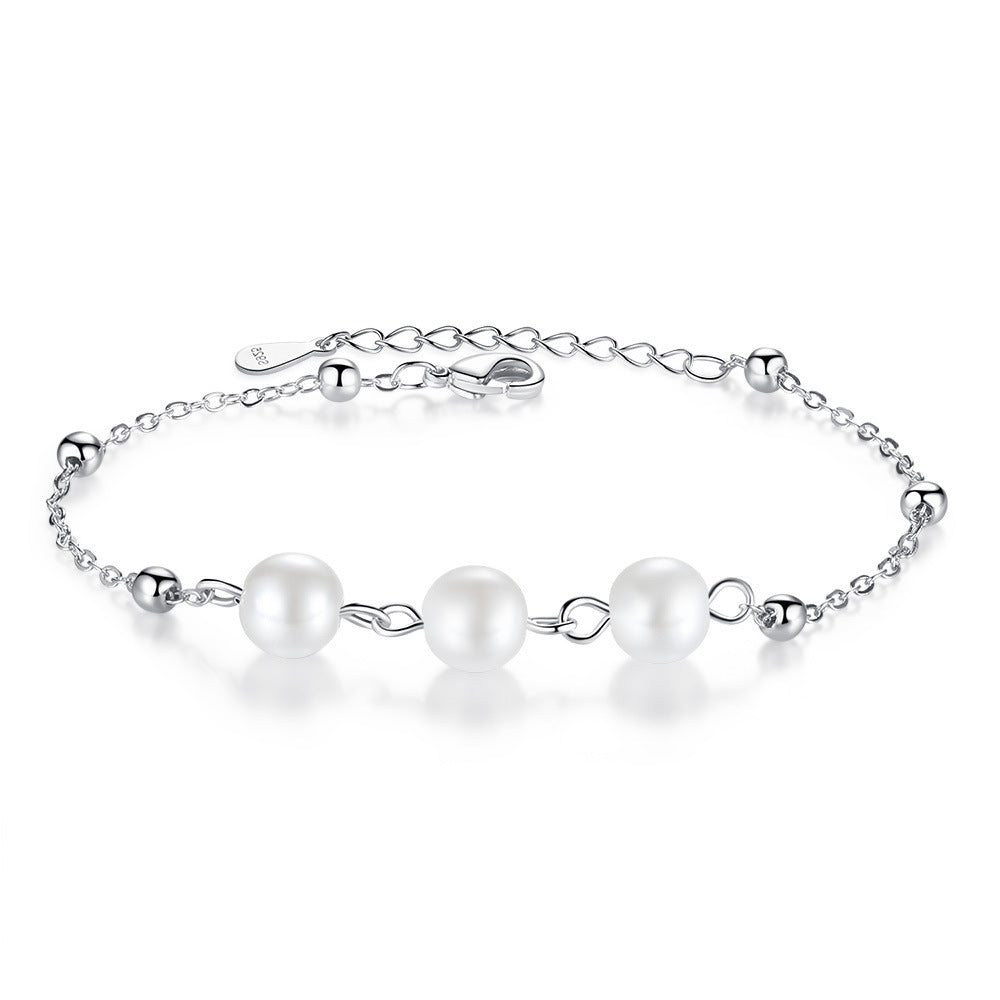 Mumtaz Jewellers Silver 3-Pearl Chain Bracelet
