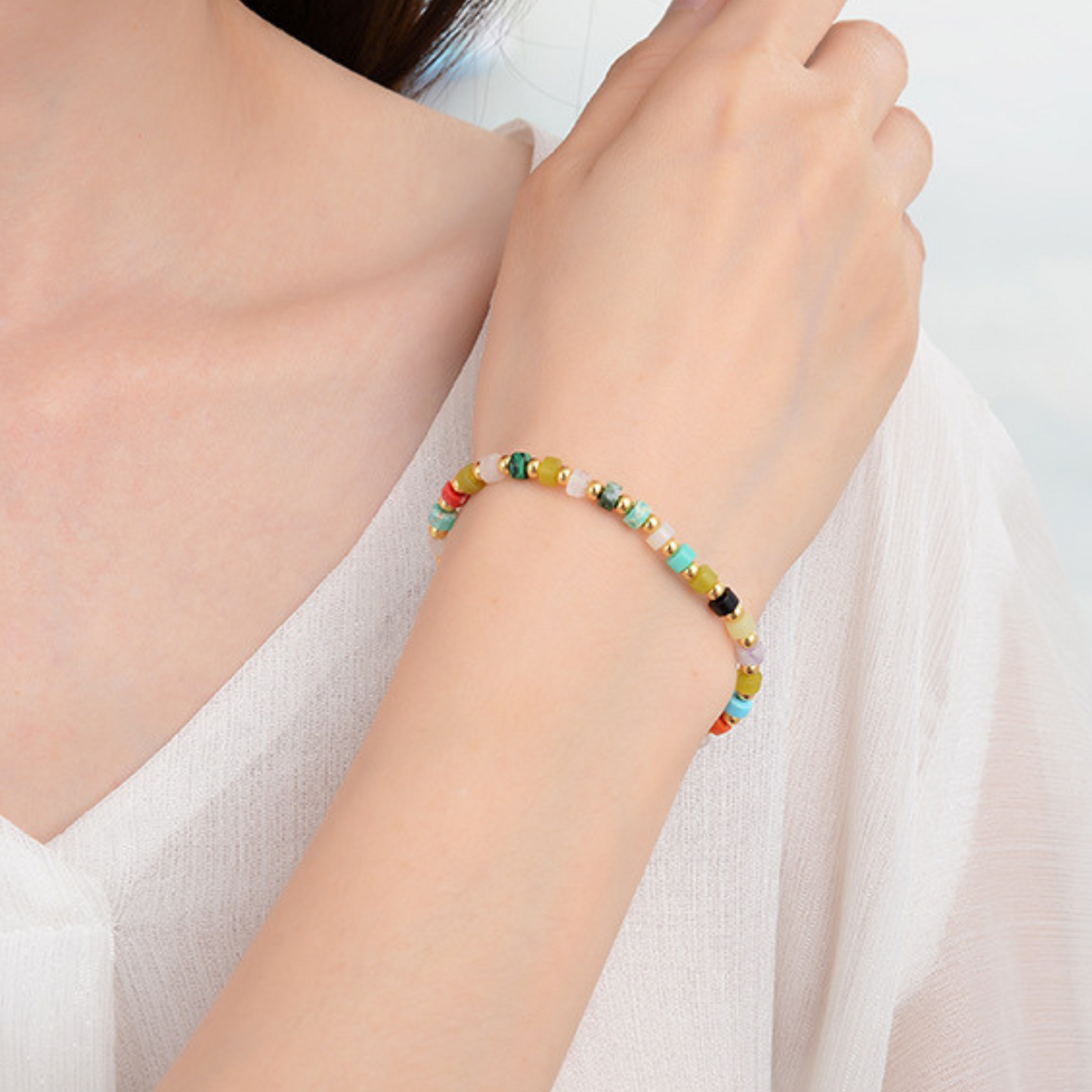Natural Multi-Stone Beaded Bracelet, 925 Silver, 18k Yellow Gold Plated
