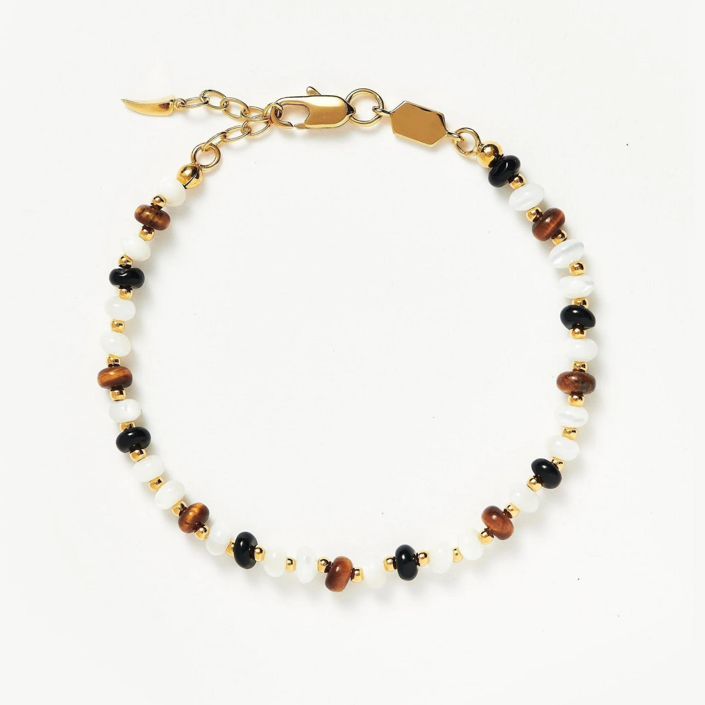 Natural White Mother-Of-Pearl Black Agate Beaded Bracelet, 925 Silver, 18k Yellow Gold Plated
