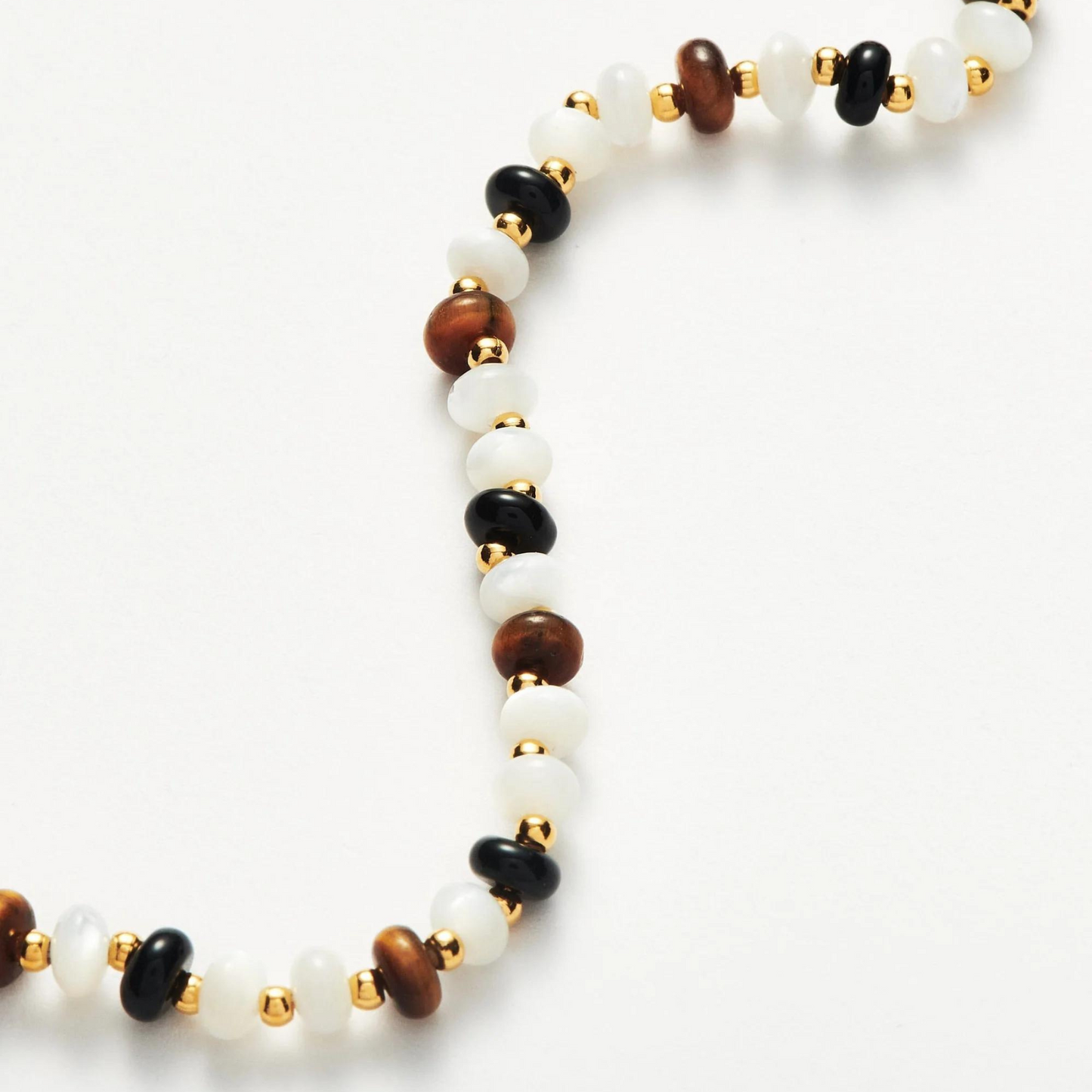 Natural White Mother-Of-Pearl Black Agate Beaded Bracelet, 925 Silver, 18k Yellow Gold Plated