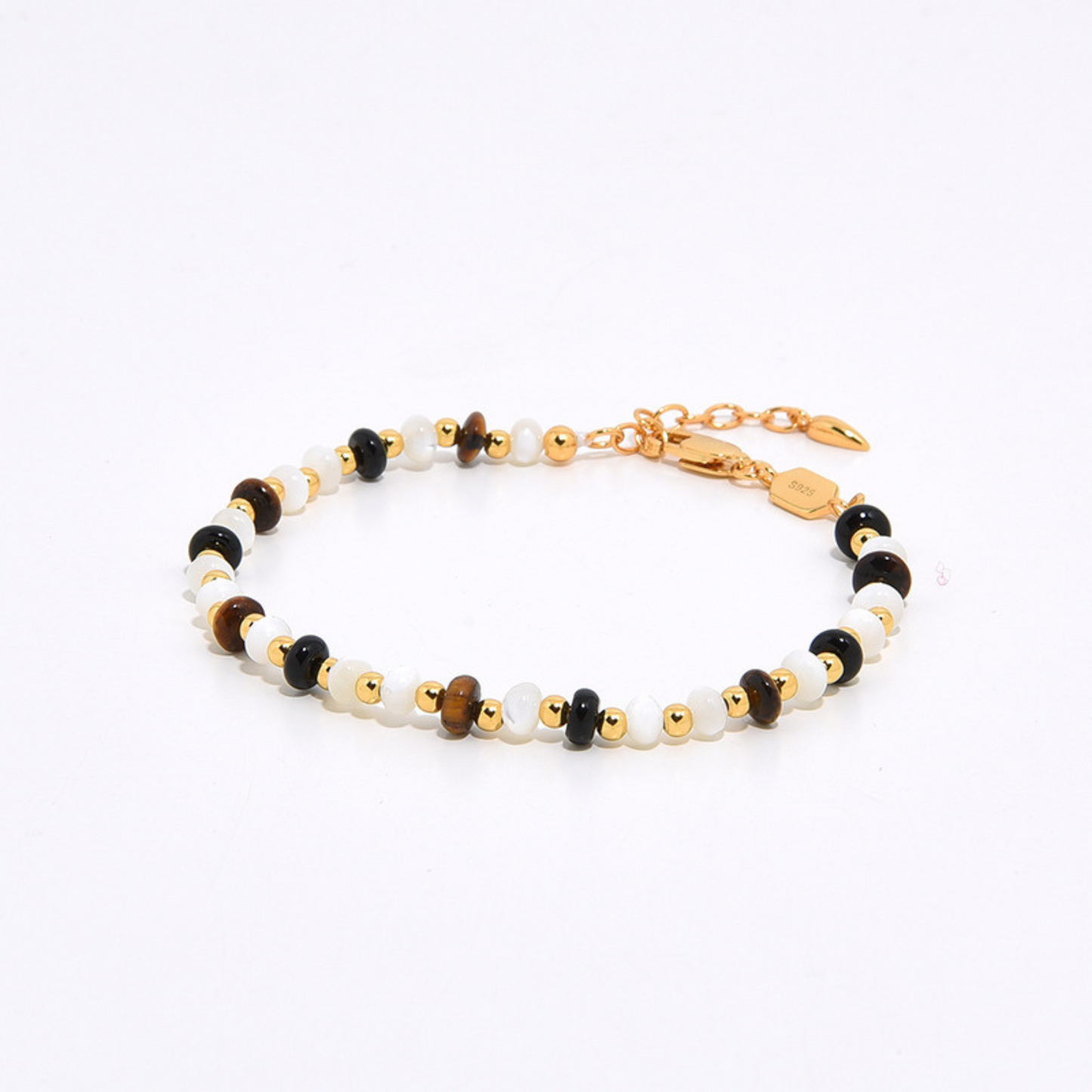 Natural White Mother-Of-Pearl Black Agate Beaded Bracelet, 925 Silver, 18k Yellow Gold Plated