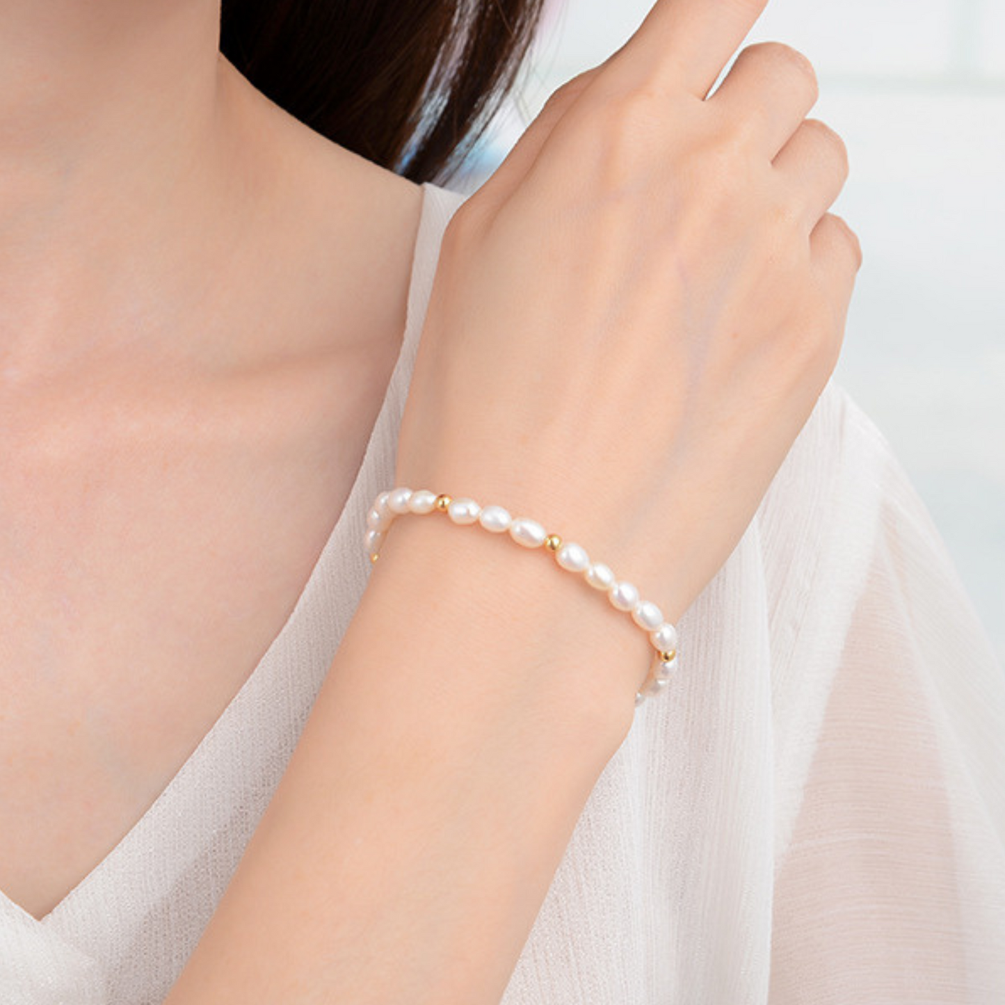 Natural Freshwater Rice Pearl Bracelet, 925 Silver, 18k Yellow Gold Plated